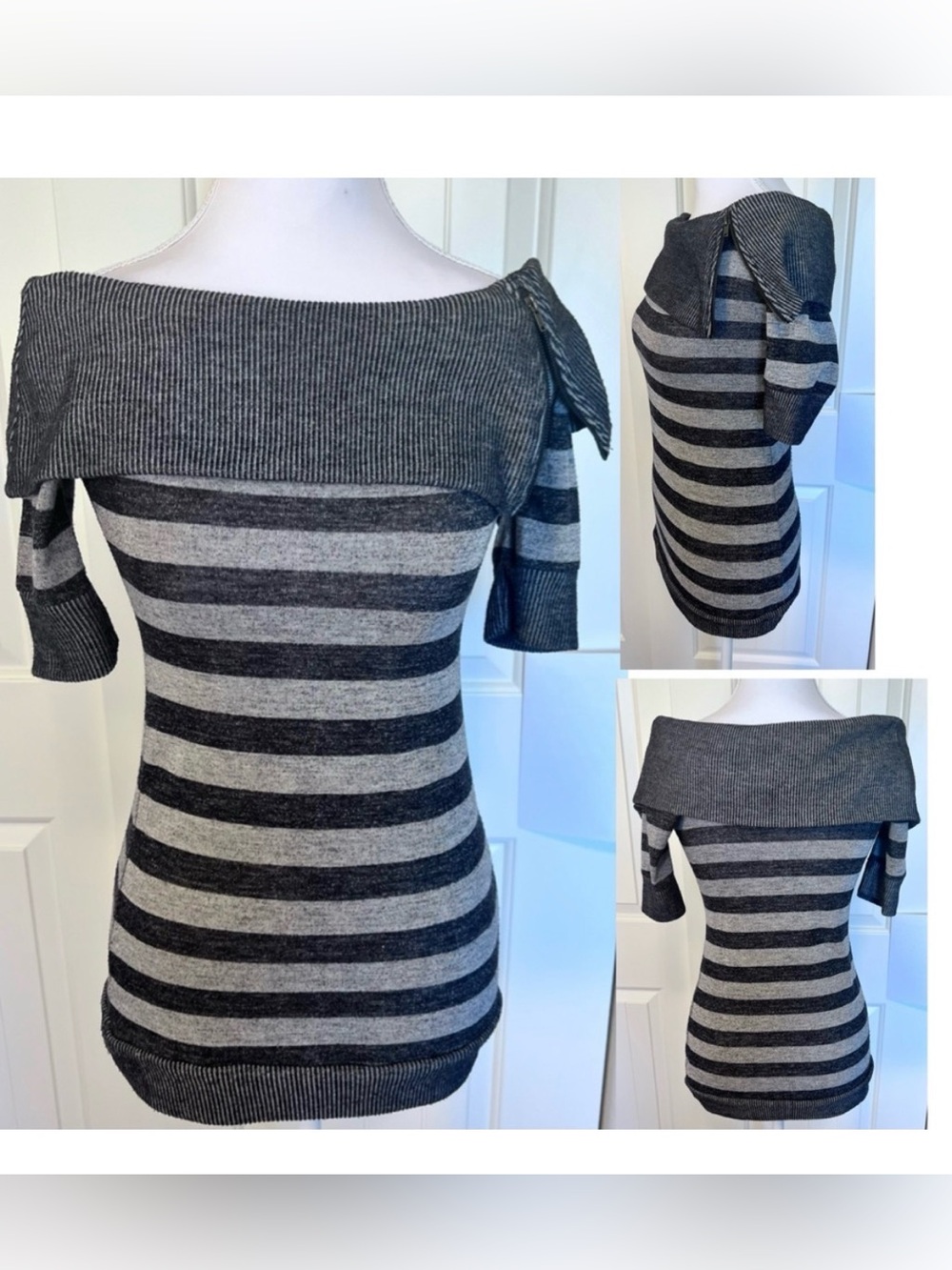 Y2K One Step Up Zipper Off-Shoulder Charcoal Light Gray Stripes Sz Medium